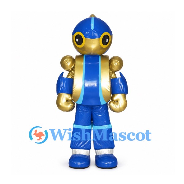 Blue Robot Mascot Costume with Gold Shoulder and Elbow Joints