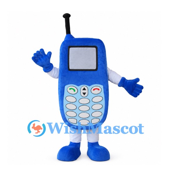 Blue Mobile Phone Mascot Costume with Antenna and Colorful Buttons