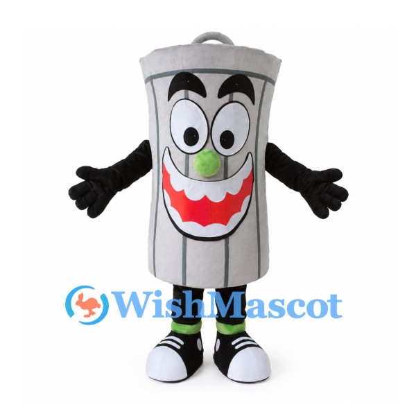 Gray Trash Can Mascot Costume with Lid and Black Gloves