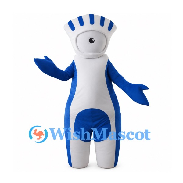 Blue Cyclops Mascot Costume with White Crown-Shaped Head
