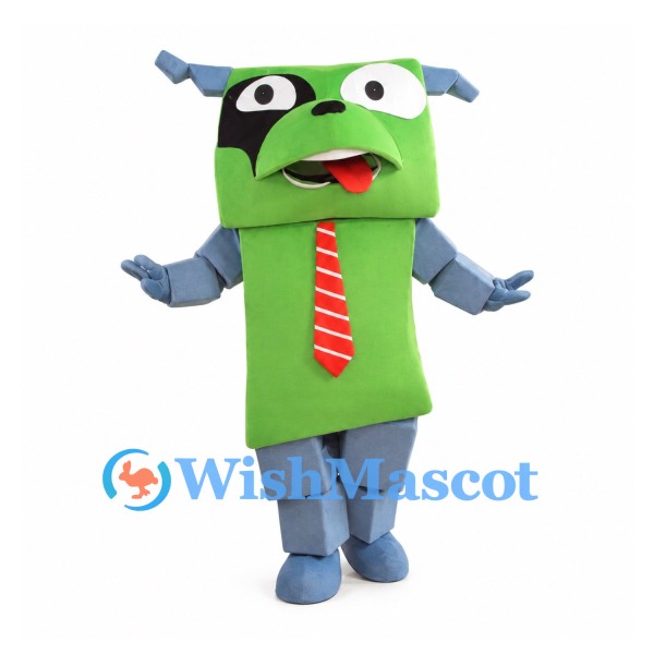 Green Robot Mascot Costume with Red Striped Tie