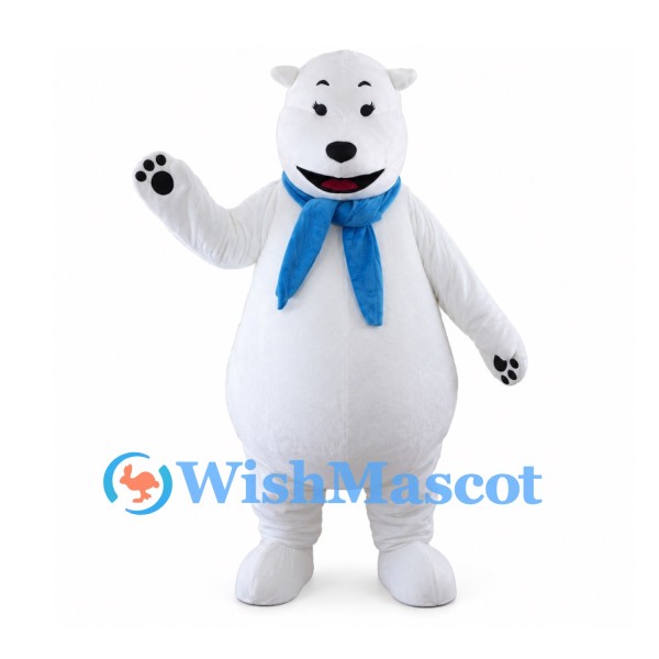 Polar Bear Mascot Costume with Blue Neck Scarf