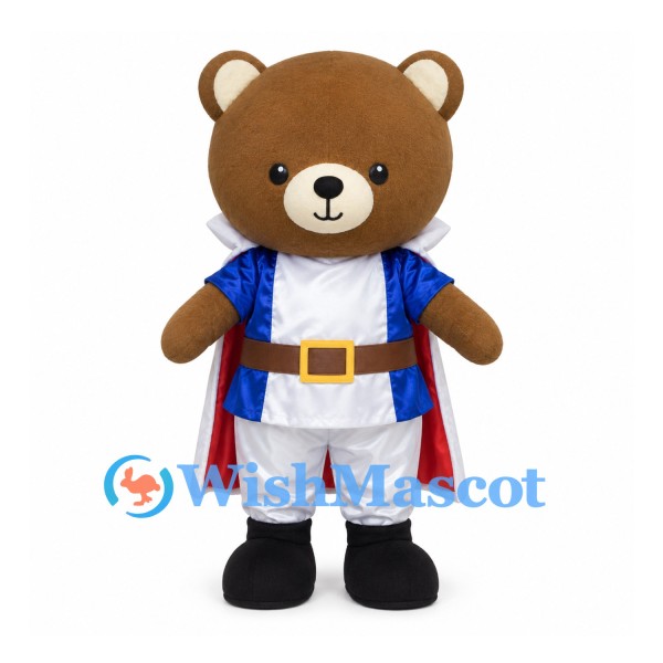 Brown Bear Mascot Costume with Blue Vest and White Cape