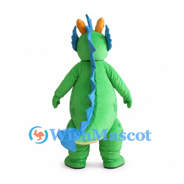 Green Dragon Mascot Costume with Blue Spikes and Yellow Horns