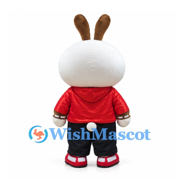 White and Brown Rabbit Mascot Costume with Red Hoodie