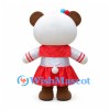 Brown and White Panda Mascot Costume with Red Sailor Dress