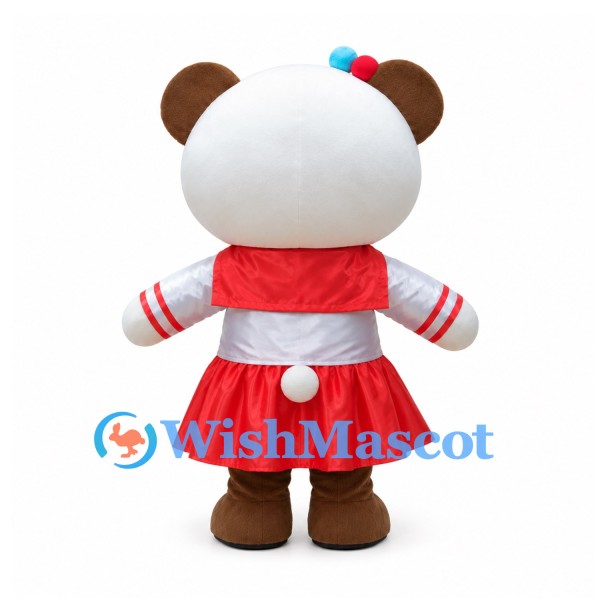Brown and White Panda Mascot Costume with Red Sailor Dress