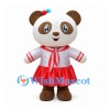 Brown and White Panda Mascot Costume with Red Sailor Dress