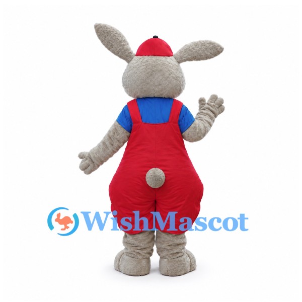 Gray Rabbit Mascot Costume with Red Overalls and Cap