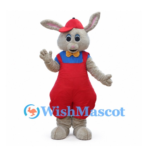 Gray Rabbit Mascot Costume with Red Overalls and Cap