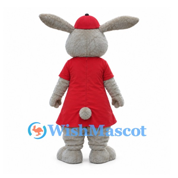 Gray Rabbit Mascot Costume with Red Dress and Cap