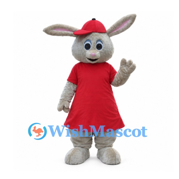 Gray Rabbit Mascot Costume with Red Dress and Cap