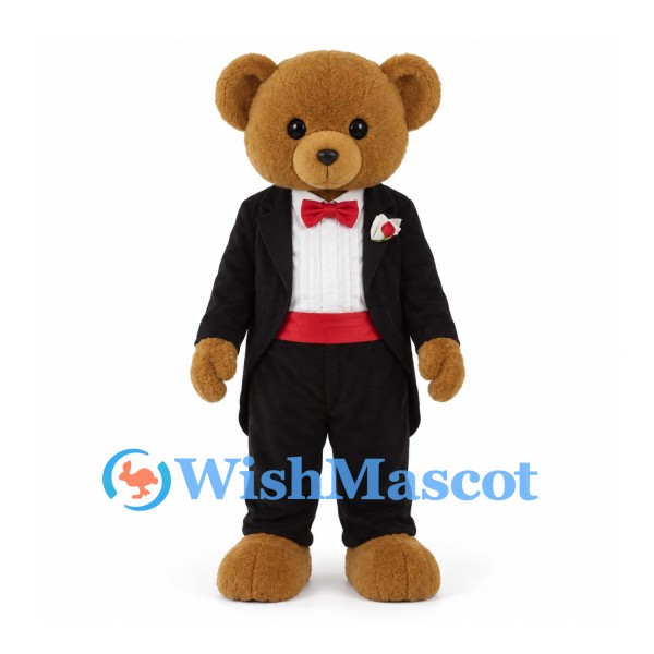 Teddy Bear Mascot Costume with Black Tuxedo and Red Bow Tie