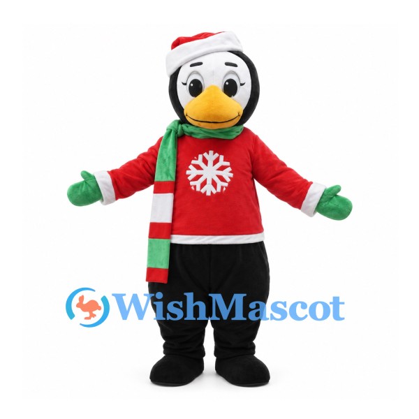 Penguin Mascot Costume with Christmas Sweater and Santa Hat