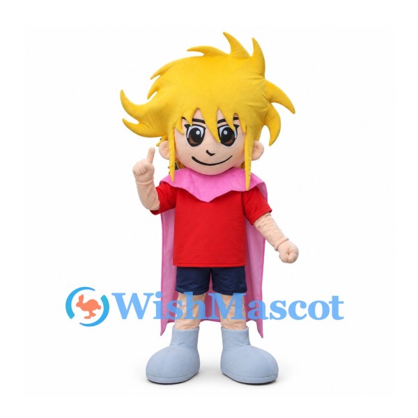 Boy Mascot Costume with Yellow Spiky Hair and Pink Cape