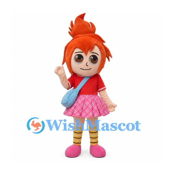 Girl Mascot Costume with Orange Ponytail and Pink Skirt