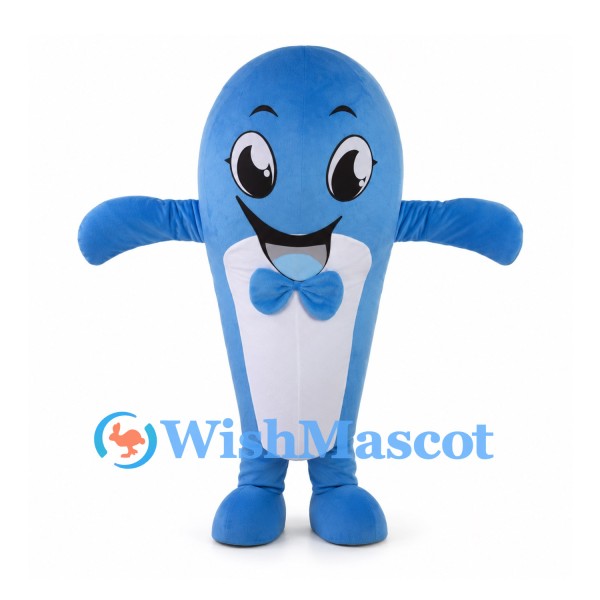 Blue Dolphin Mascot Costume with Bow Tie and White Belly