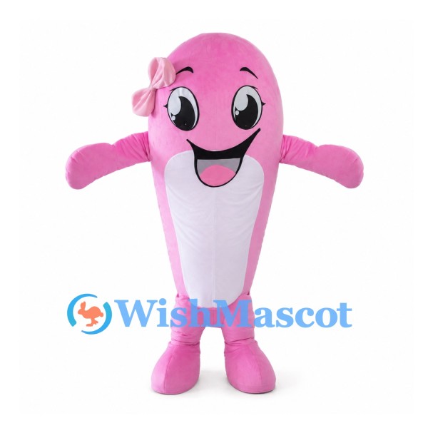Pink Dolphin Mascot Costume with Hair Bow and White Belly