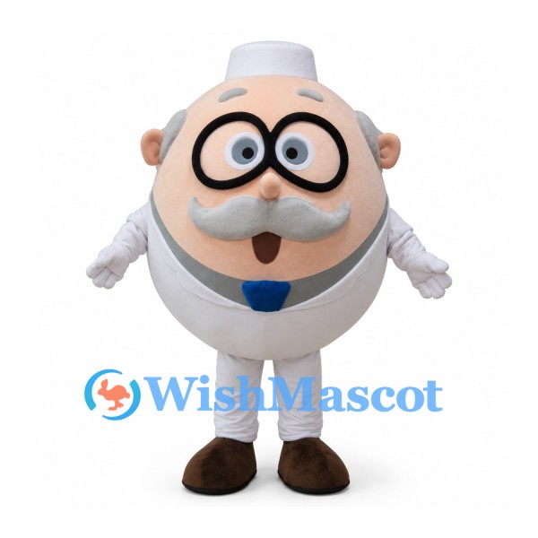Egg Professor Mascot Costume with Round Glasses and Gray Hair