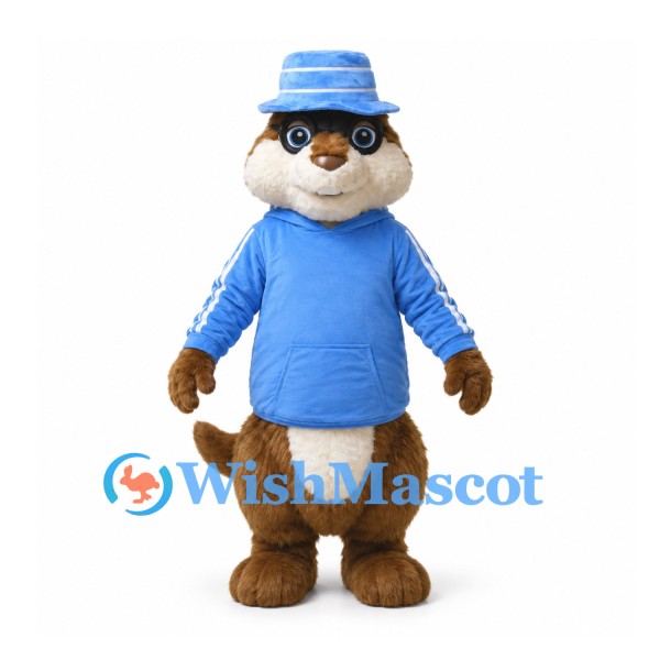 Otter Mascot Costume with Blue Hat and Hoodie