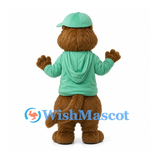 Otter Mascot Costume with Green Cap and Hoodie