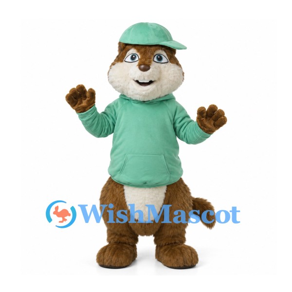 Otter Mascot Costume with Green Cap and Hoodie