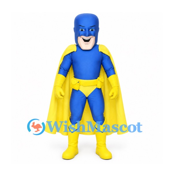 Superhero Mascot Costume with Blue Suit and Yellow Cape