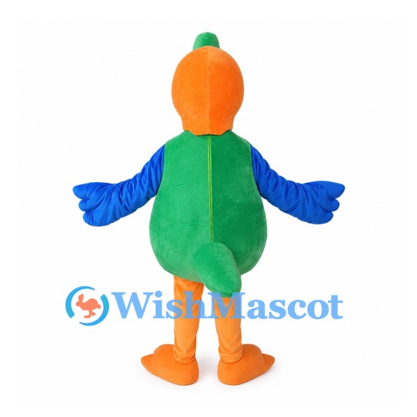 Parrot Mascot Costume in Green with Blue Wings and Orange Feet