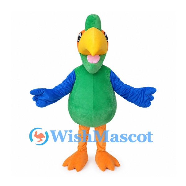 Parrot Mascot Costume in Green with Blue Wings and Orange Feet
