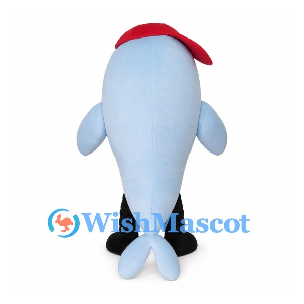 Fish Mascot Costume in Light Blue with Red Hat and Bow Tie