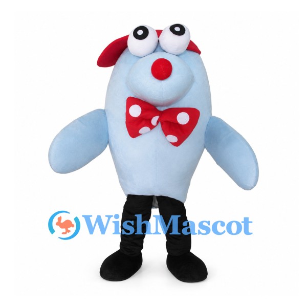 Fish Mascot Costume in Light Blue with Red Hat and Bow Tie