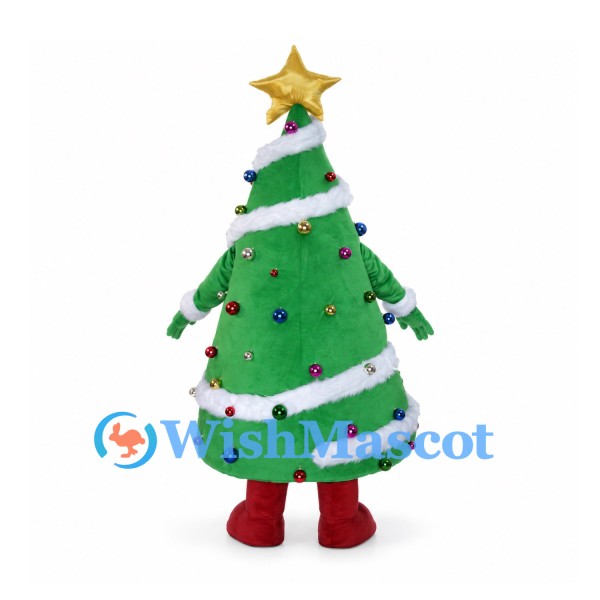 Christmas Tree Mascot Costume with Star and Colorful Ornaments