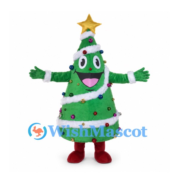 Christmas Tree Mascot Costume with Star and Colorful Ornaments