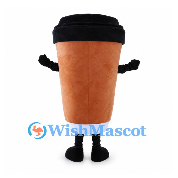 Coffee Cup Mascot Costume in Brown with Black Lid