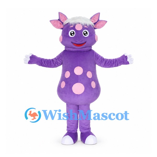 Monster Mascot Costume in Purple with Horns and Pink Spots