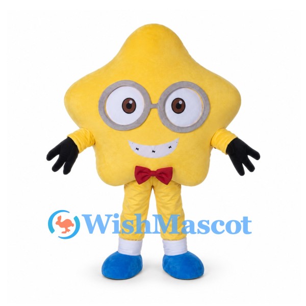 Star Mascot Costume in Yellow with Glasses and Red Bow Tie
