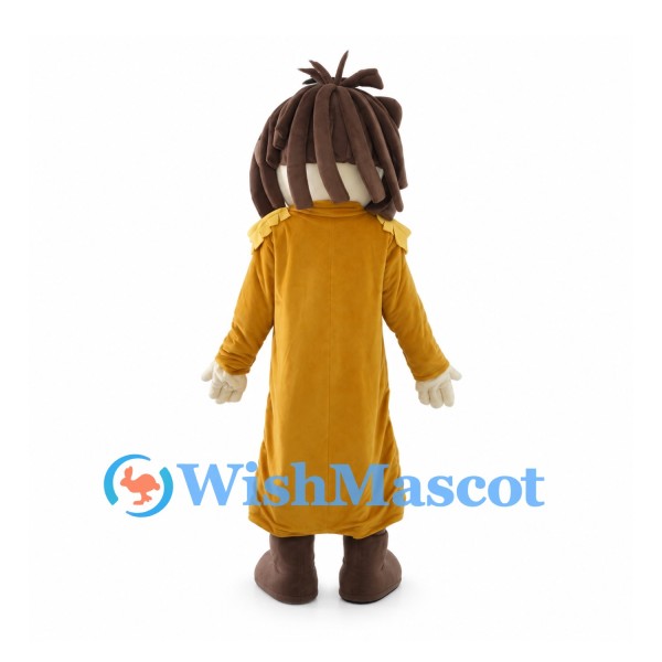 Man Mascot Costume with Brown Braided Hair and Gold Coat