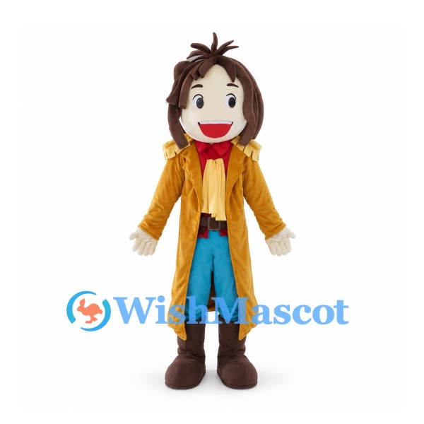 Man Mascot Costume with Brown Braided Hair and Gold Coat