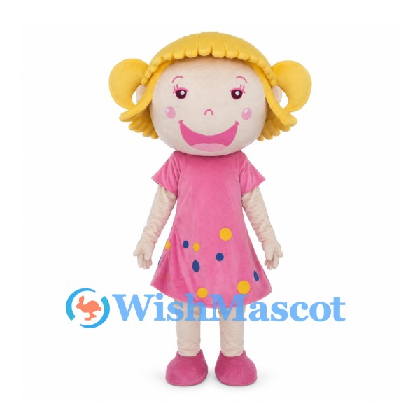 Girl Mascot Costume with Blonde Pigtails and Pink Polka Dot Dress