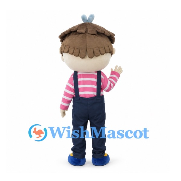 Boy Mascot Costume with Pink Striped Shirt and Navy Overalls