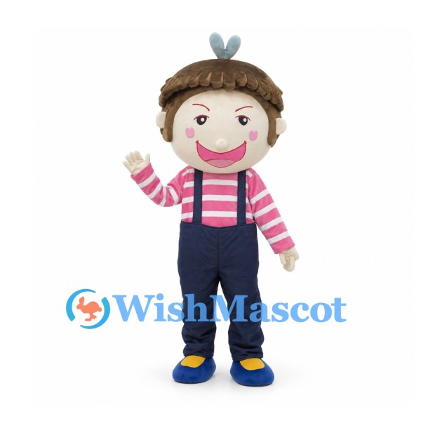 Boy Mascot Costume with Pink Striped Shirt and Navy Overalls