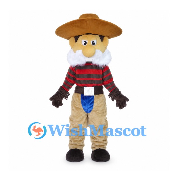 Cowboy Mascot Costume with Brown Hat and Red Striped Shirt
