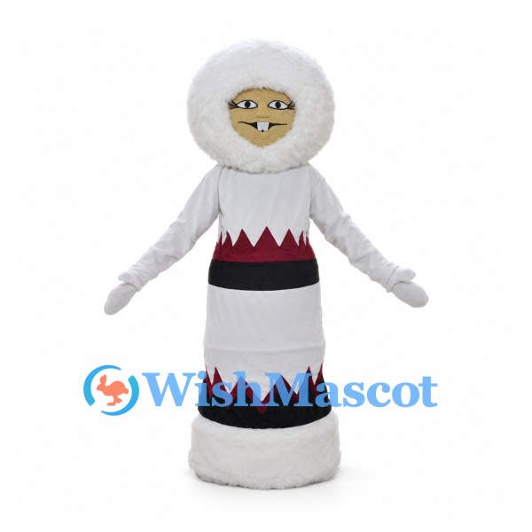 Winter Woman Mascot Costume with White Fur Hood and Patterned Dress