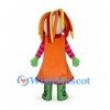 Girl Mascot Costume with Colorful Ribbon Hair and Orange Dress