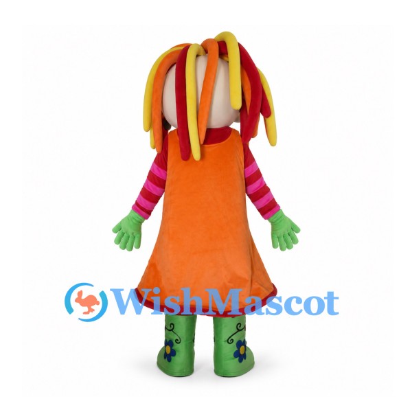 Girl Mascot Costume with Colorful Ribbon Hair and Orange Dress