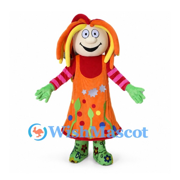 Girl Mascot Costume with Colorful Ribbon Hair and Orange Dress
