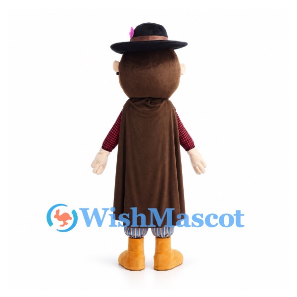 Man Mascot Costume with Feathered Black Hat and Purple Vest