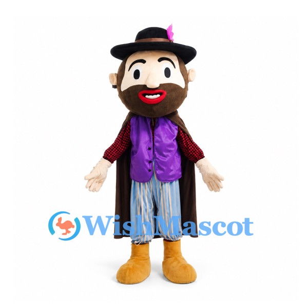 Man Mascot Costume with Feathered Black Hat and Purple Vest