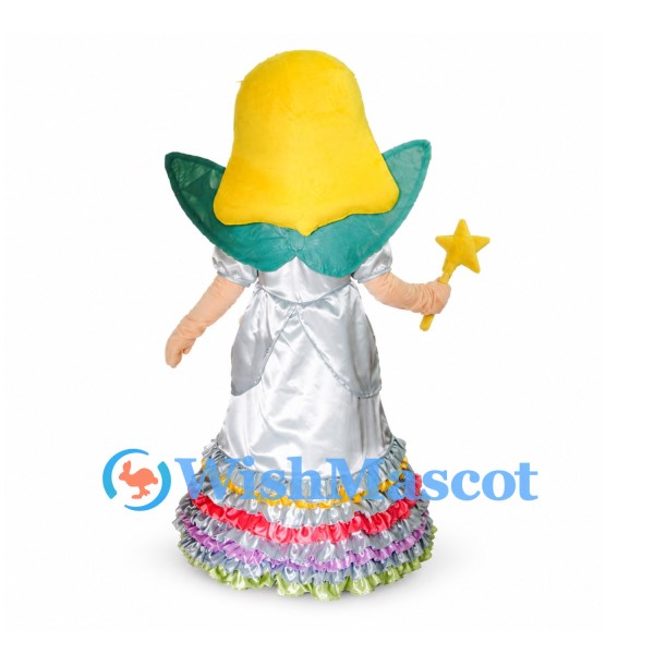 Fairy Mascot Costume with Silver Dress, Green Wings and Star Wand