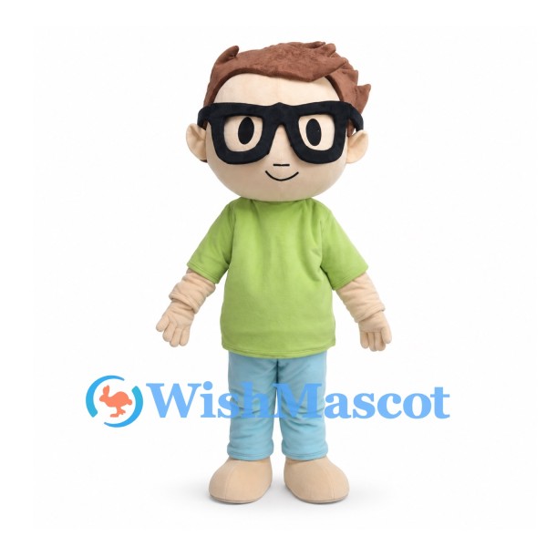 Boy Mascot Costume with Black Glasses and Green Polo Shirt